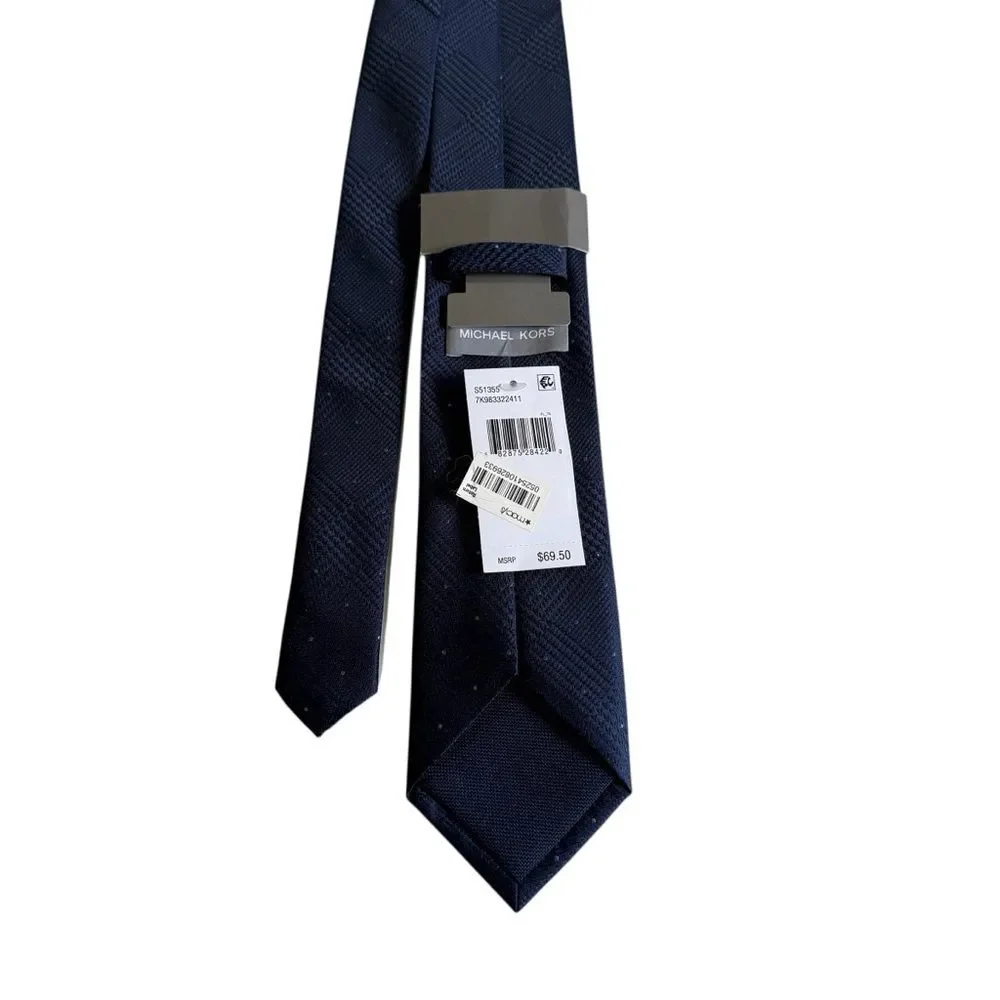 NWT Michael Kors Blue Dotted Glen Check Silk Blend Necktie Tie